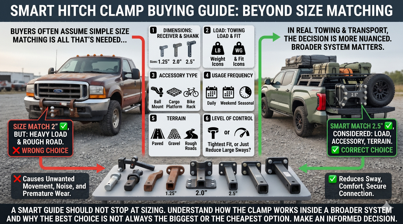 Smart hitch clamp buying guide infographic showing size, load, accessory type, terrain, and usage factors beyond simple size matching